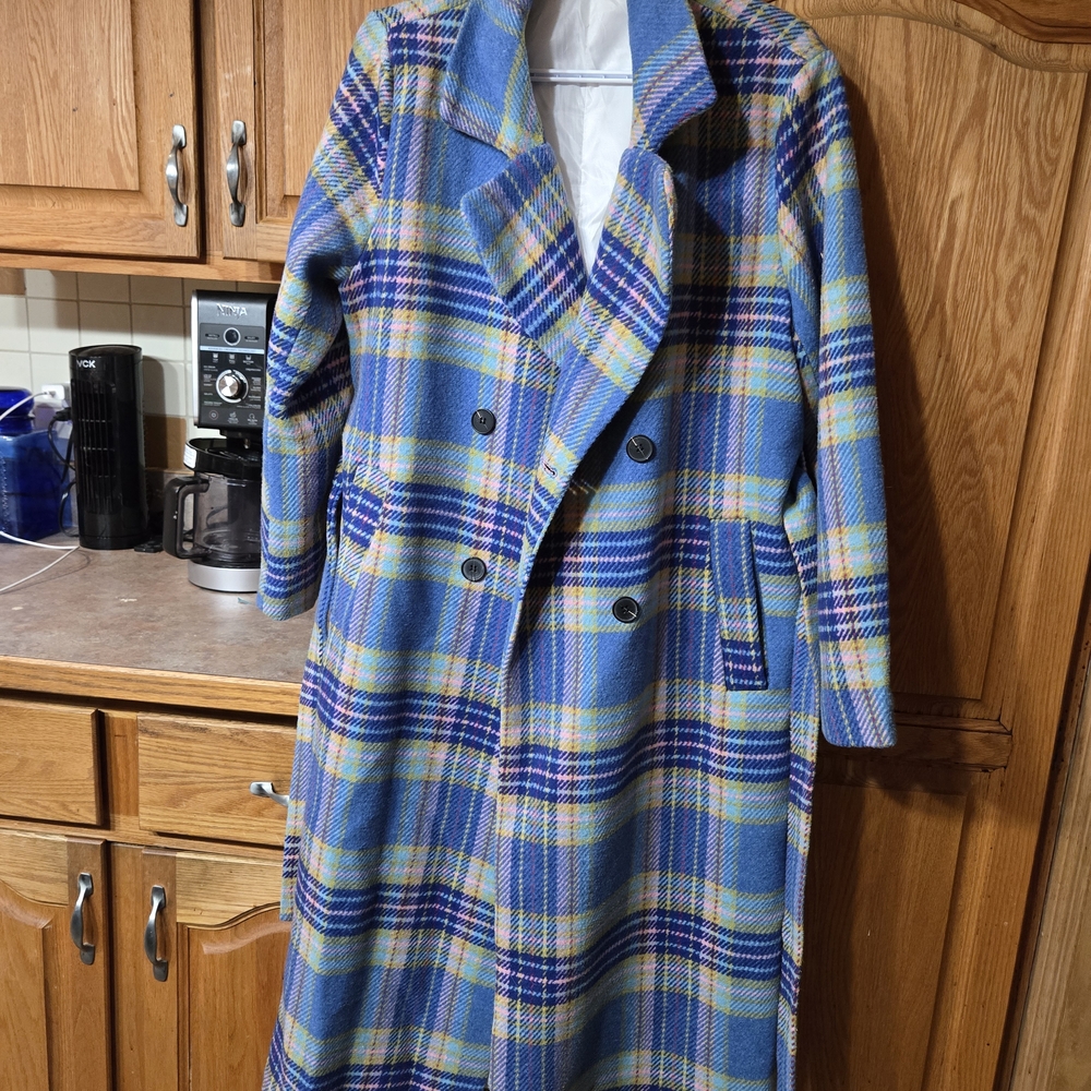 Fashion Nova Blue Plaid Double-Breasted Pea Coat